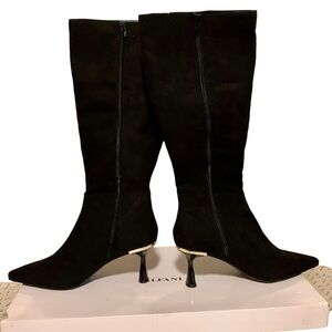 Alfani “Cecee” Black Suede Boots with Gold Heel Detail